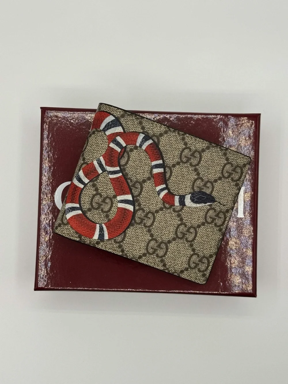 Gucci Brown GG Supreme Money Clip with Red & White Snake Motif